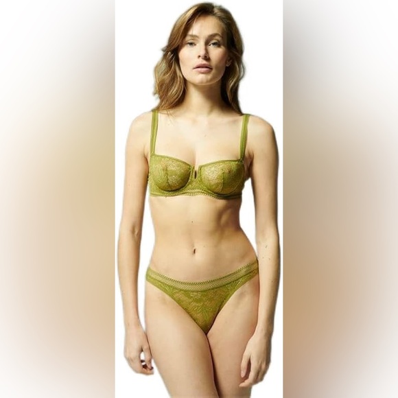 Simone Perele Vertige Green Half Cup Lace Bra Bustier Dainty Lingerie Sexy 34D - Picture 2 of 12